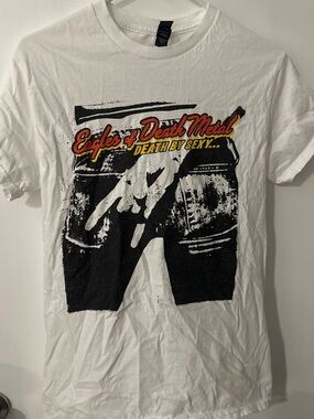 Gildan White Short-Sleeve Band Tee with Black Graphic and Red-Yellow Text